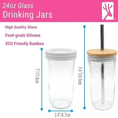 Elk and Friends Glass Mason Jars 24oz with Bamboo Straw Lids + Stainless Steel Straws | Smoothie + Iced Coffee + Bubble Tea Cups | Glass Cups with Lids and Straws