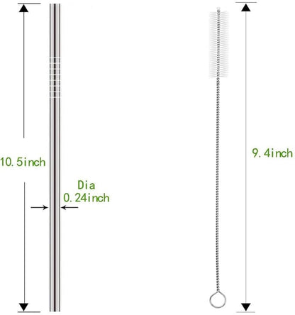 Set of 10 Stainless Steel Straws, HuaQi Straight Reusable Drinking Straws 10.5'' Long 0.24‘’ Dia for 30 oz Tumbler and 20 oz Tumbler, 2 Cleaning Brush Included (10 Straight Straw + 2 Brushes）