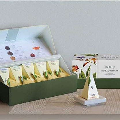 Tea Forte Herbal Retreat Premium Tea Presentation Box Tea Gift Sampler, 20 Count, 2 of Each Variety Individually Wrapped Handcrafted Pyramid Infuser Bags