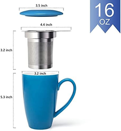 amhomel Porcelain Tea Mug with Infuser and Lid, 16 Ounce Ceramic Tea Cup for Loose Leaf, Coffee, Cocoa and Milk, Tea Gift for Tea Lovers, Set of 2(Blue and White)