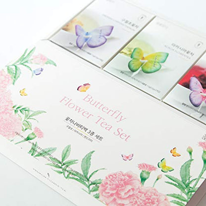 KKOKDAM Korean Tea Gift Set Sampler – 3 Flavor Pink Butterfly Tea Bag Sampler – Elegant Box for Tea Lovers - Perfect as Korean Gifts for Women