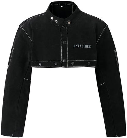 ANTAITHER Leather Welding Jacket with Open Back, Bib Apron with Cape Sleeve, Heat Flame Resistant Welder Coat