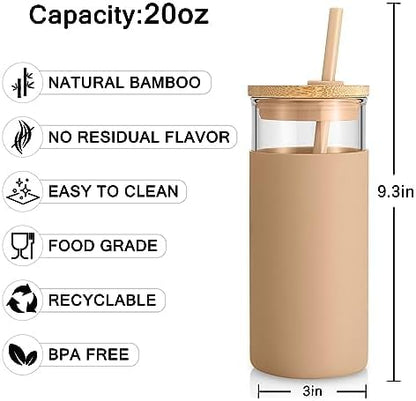 Tronco 20 oz Glass Tumbler with Lid & Straw - Iced Coffee Cup & Smoothie Cup With Silicone Sleeve | BPA-Free, Dishwasher Safe | Reusable Glass Cups with Bamboo Lids and Straws (Yellow 1 Count)
