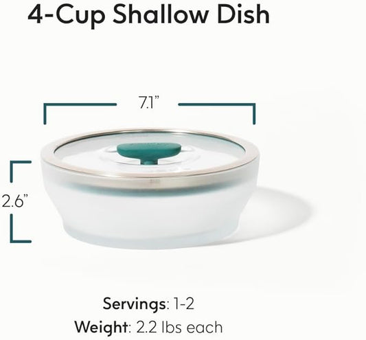 Anyday 4-Cup Microwave Cookware & Glass Container with Glass Lid, Plastic-Free Shallow Food Storage | Stackable Airtight Steamer with Vented Lid for Microwave-Safe Reheating, Steaming Vegetables