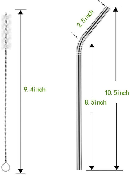 Set of 10 Stainless Steel Straws, HuaQi Bent Reusable Drinking Straws 10.5'' Long 0.24‘’ Dia for 30 oz Tumbler and 20 oz Tumbler, 2 Cleaning Brush Included (10 Bent Staw + 2 Brushes）