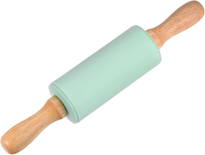 HARFINGTON Silicone Rolling Pins for Baking 9.25 Inch Non-Stick Silicone Surface Wooden Handle Rolling Pin Small Roller Playdough Rolling Pins for Fondant Kitchen Dough Pizza, Green