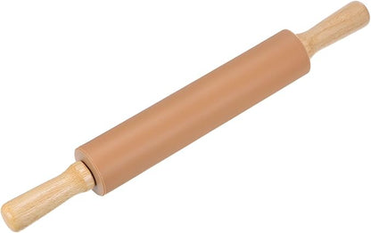 HARFINGTON Silicone Rolling Pins for Baking 16.93 Inch Non-Stick Silicone Surface Wooden Handle Rolling Pin Small Roller Playdough Rolling Pins for Fondant Kitchen Dough Pizza, Brown