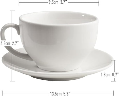 Porcelain Coffee Cup with Saucer 220ml/7.3oz for Cappuccino, Latte, and Tea, Elegant White