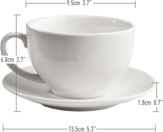 Porcelain Coffee Cup with Saucer 220ml/7.3oz for Cappuccino, Latte, and Tea, Elegant White