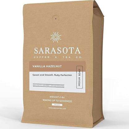 Sarasota Coffee Whole Bean Vanilla Hazelnut | Medium Roast Gourmet Flavored Coffee Beans | Low Acid, Mold Free, Specialty Grade Bulk Beans | 5lb (80 oz)