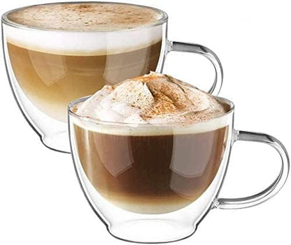 ecooe Double Walled Glass Coffee Mug 12 oz Latte Cappuccino Cups Set of 2, Clear Glass Coffee Cups with Handle, 350 ml Insulated Coffee Cup Borosilicate Heat Resistant Glass Coffee Mug Tea Cup