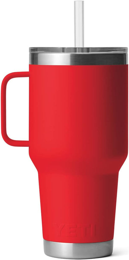 YETI Rambler 35 oz Tumbler with Handle and Straw Lid, Travel Mug Water Tumbler, Vacuum Insulated Cup with Handle, Stainless Steel, Rescue Red