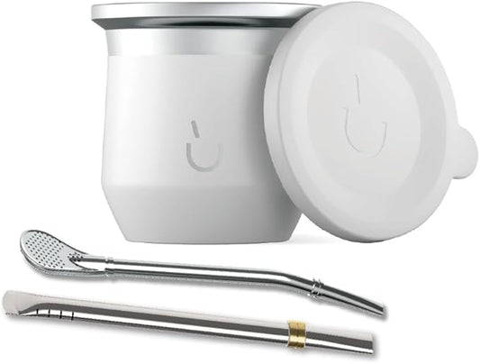 BALIBETOV Yerba Mate Cup – Vacuum Insulated Stainless Steel Gourd with Silicone Cover & Non-Slip Base – Includes 2 Bombillas & Cleaning Brush – Unique Design, Easy to Clean