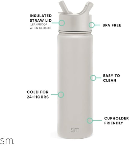 Simple Modern Water Bottle with Straw Lid Vacuum Insulated Stainless Steel Metal Cup Bottles | Reusable Leak Proof BPA-Free Flask for Gym, Travel, Sports | Summit Collection | 22oz, Almond Birch
