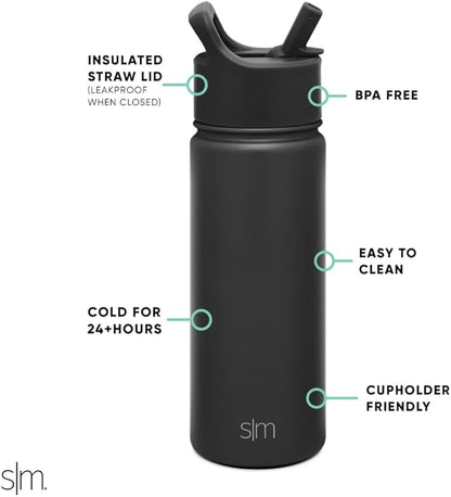Simple Modern Kids Water Bottle with Straw Lid Vacuum Insulated Stainless Steel Metal Thermos Bottles | Reusable Leak Proof BPA-Free Flask for School | Summit Collection | 18oz, Midnight Black