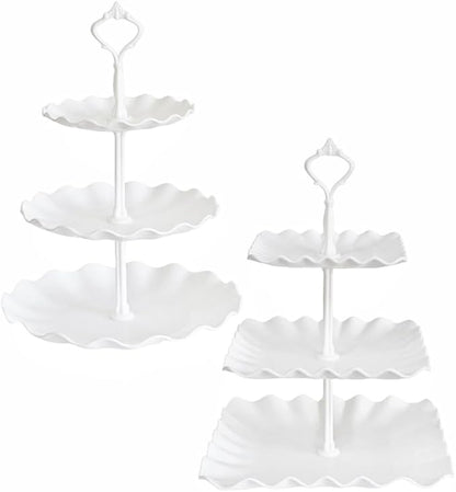 2 Set of 3-Tier Plastic Cupcake Stand Dessert Plates Mini Cakes Fruit Candy Display Tower White for Birthday Tea Party Baby Shower Serving Tray