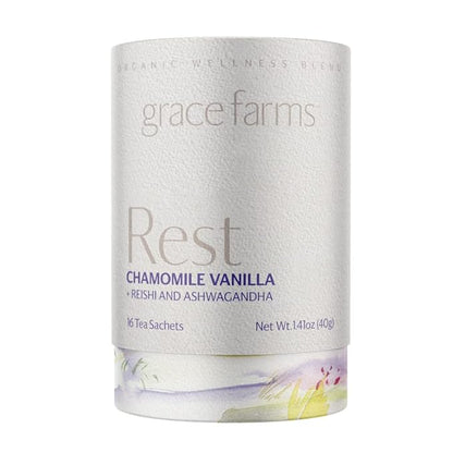 Grace Farms REST Wellness Organic Tea Blend (16 Pyramid Sachets) | Sleep and Stress Support For Evening | Chamomile Vanilla Tea with Adaptogenic Herbs and Mushrooms | Fairtrade and Kosher