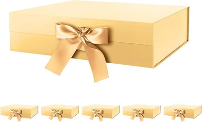 HAPPY POTATO 6 Large Christmas Gift Boxes with Lids and Ribbon 13.5x9x4.1 Inches, Bridesmaid Proposal Boxes, Gold Gift Boxes for presents (Glossy Gold, Pack of 6)