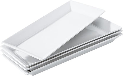 Rectangular Ceramic Serving Platters Set of 4, 14 inch Large Porcelain Serving Plates, White Appetizer Trays, Dishwasher Safe Plates for Steak, Charcuterie, Thanksgiving Turkey, Desserts