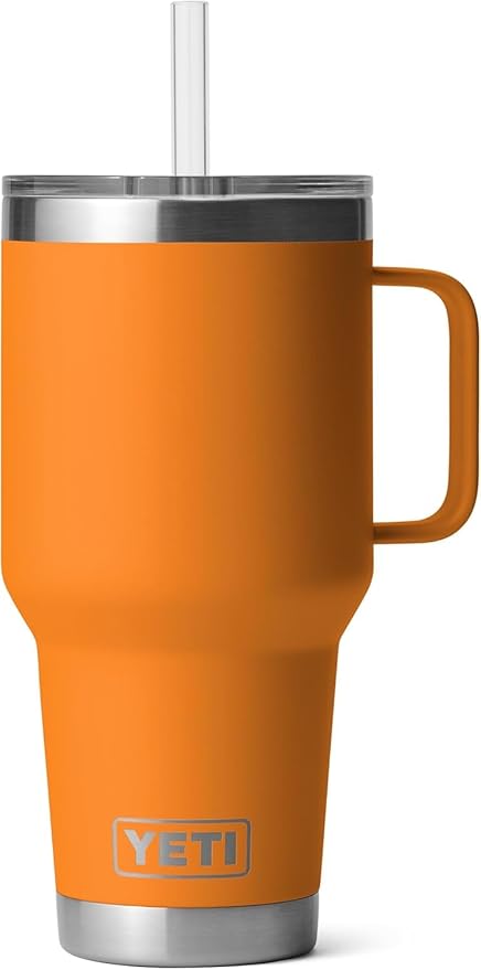 YETI Rambler 25 oz Tumbler with Handle and Straw Lid, Travel Mug Water Tumbler, Vacuum Insulated Cup with Handle, Stainless Steel, King Crab Orange