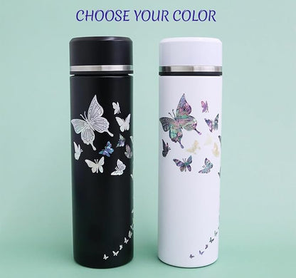 Mother of Pearl Design Stainless Steel Water Bottle with Tea Infuser Strainer 17 oz Leakproof Screw Cap Wide Mouth Double Wall Vacuum Insulated Travel Sport Water Flask Thermo Mug (Butterfly Black)