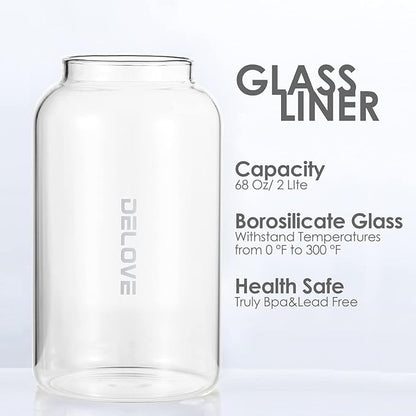Delove 68 oz/2 Liter Glass Pitcher with Shatterproof Shell - Heat Resistant Glass Liner - Stainless Steel Lid - Carafe & Jug for Iced Tea,Hot/Cold Water,Homemade Juice Beverages (Blue)