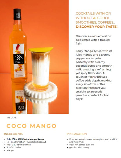 1883 Spicy Mango Syrup for Drinks, Made in France, 1 Liter Glass Bottle