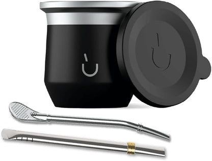 BALIBETOV Yerba Mate Cup – Vacuum Insulated Stainless Steel Gourd with Silicone Cover & Non-Slip Base – Includes 2 Bombillas & Cleaning Brush – Unique Design, Easy to Clean