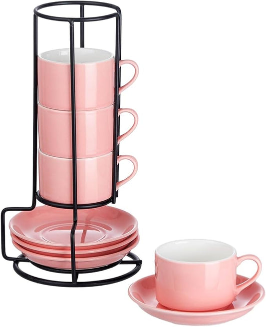 2.5oz Porcelain Stackable Espresso Cups with Saucers and Metal Stand Set of 4, Stackable Cappuccino Cups, Pink Expresso Shots Cup Set for Coffee Drinks, Latte, Tea
