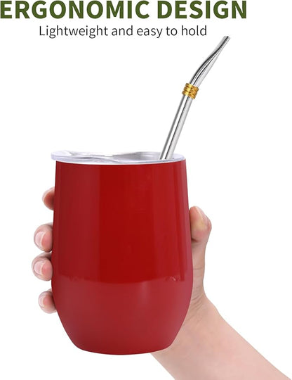 Yerba Mate Cup with Lid, 2 Bombillas, Cleaning Brush, 11.8oz Stainless Steel Double-Wall Insulated Gourd (Red)