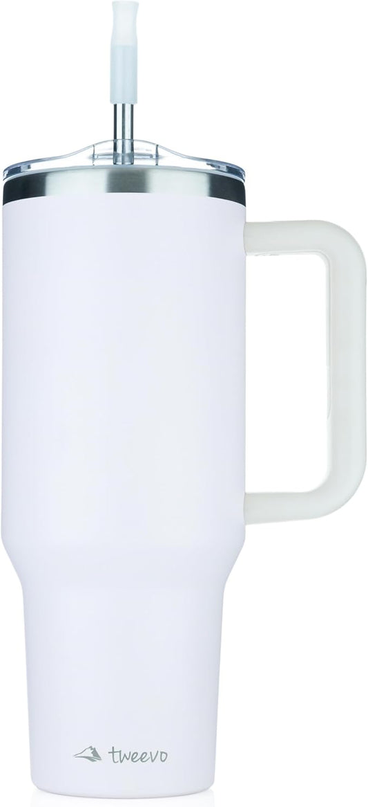 40 oz Tumbler With Handle and Straw Made of Stainless Steel - Double Wall Vacuum Insulated Tumbler With Lid - Sweat Proof Easy Grip, BPA-Free, Dishwasher Safe Tumbler (White)