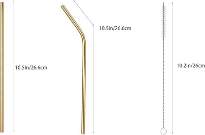 10 Pcs Stainless Steel Straws, Reusable Drinking Straws, 5 Straight + 5 Bent Metal Straws Set With 2 Pcs Cleaning Brushes (Gold, 10.5 Inch)