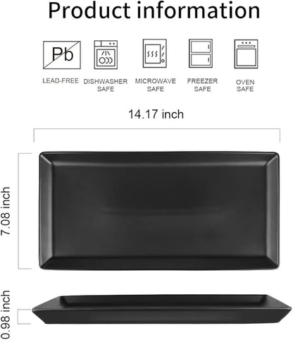 KOOV Ceramic Serving Tray, 14 Inches Large Serving Platter, Rectangular Serving Tray, Porcelain Serving Plates, Ceramic Serving Dishes for Dinner, Party, Sushi, Dessert, Food, Set of 4 (Matte Black)