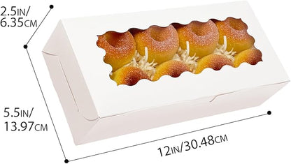 qiqee 12x5.5x2.5 Inch White Cookie Box with Window 15 Packs Two Uses Pastry Biscuit Bakery Box for Packaging