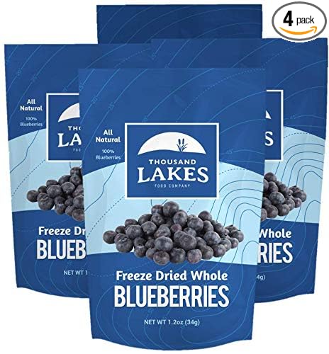 Thousand Lakes Freeze Dried Fruit - Blueberries 4-pack 1.2 ounces (4.8 ounces total) | No Sugar Added | 100% Whole Blueberries