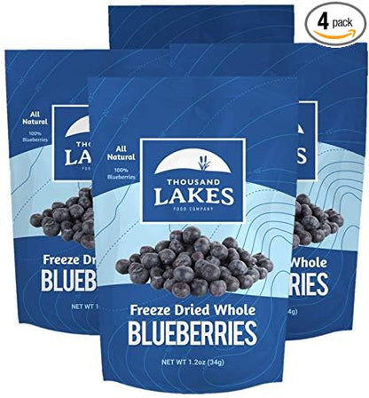 Thousand Lakes Freeze Dried Fruit - Blueberries 4-pack 1.2 ounces (4.8 ounces total) | No Sugar Added | 100% Whole Blueberries