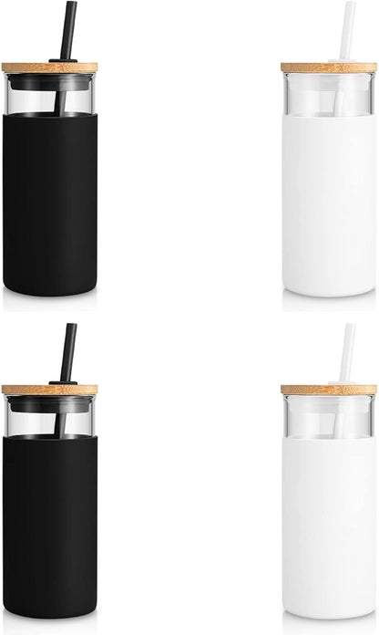 Tronco 20 oz Glass Tumbler Glass Water Bottle Straw Silicone Protective Sleeve Bamboo Lid - BPA Free - Black White/ 4 Pack
