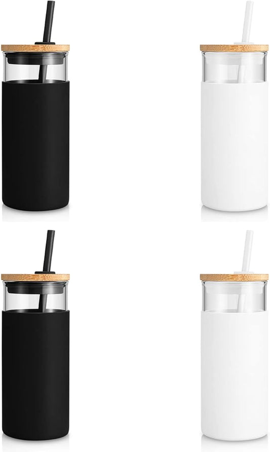 Tronco 20 oz Glass Tumbler Glass Water Bottle Straw Silicone Protective Sleeve Bamboo Lid - BPA Free - Black White/ 4 Pack