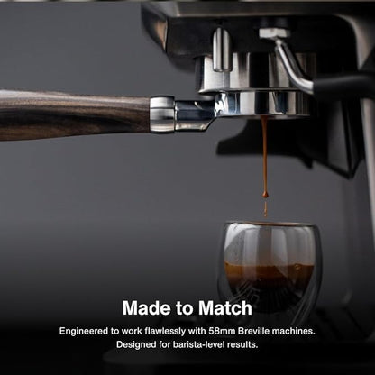 Crema Coffee Products 58mm Bottomless Naked Portafilter | Compatible with 58mm Breville Machines | Includes Double Shot Filter Basket | Walnut
