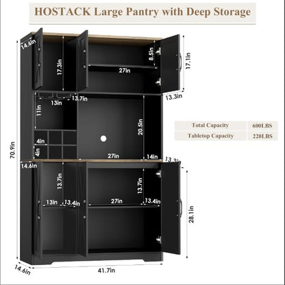 HOSTACK Kitchen Pantry Storage Cabinet, 71" Tall Food Pantry Cabinet with Microwave Stand, Farmhouse Kitchen Hutch, Coffee Bar Hutch with Wine Rack for Dining Room, Living Room, Black