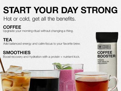 STRONG COFFEE COMPANY Coffee Booster – Collagen Coffee Protein Powder with NeuroFactor®, L-Theanine & Gut Health – 10g Protein, Electrolytes – Focus & Energy – 15 Packets