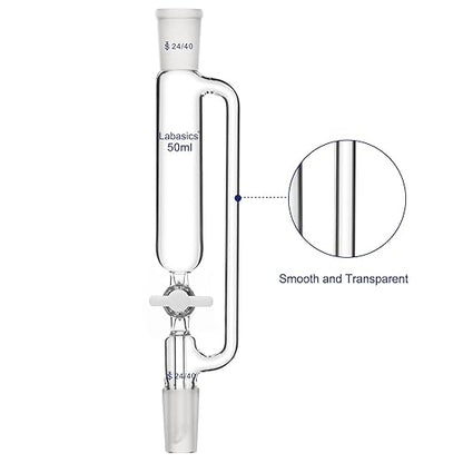 Labasics 50 ml Pressure Equalizing Addition Funnel, Borosilicate Glass Dropping Funnel 24/40 Joint with PTFE Stopcock for Laboratory