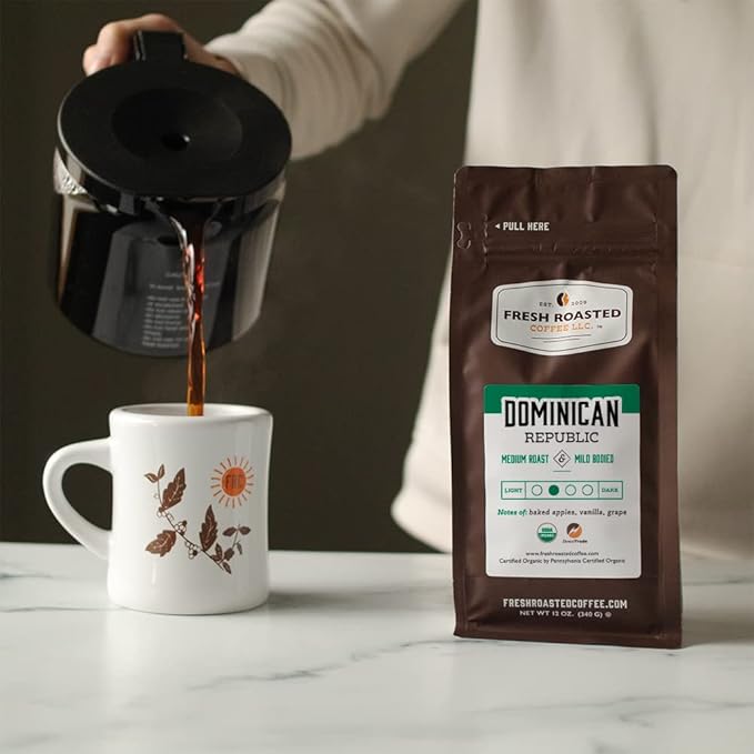 Fresh Roasted Coffee, Organic Dominican Republic | USDA Organic, Direct Trade, Kosher | Medium Roast 12 oz Ground