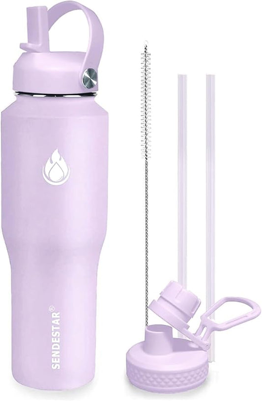SENDESTAR 32oz Water Bottle Wide Mouth Stainless Steel Vacuum Insulated Double Wall with 2 Straw Lids Fit in Any Car Cup Holder TXIN-32-LV-1