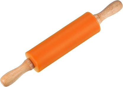 HARFINGTON Silicone Rolling Pins for Baking 12 Inch Wooden Handle Non Stick Rolling Pin Small Roller Playdough Rolling Pins for Dough Pizza Pastry Fondant Kitchen, Orange