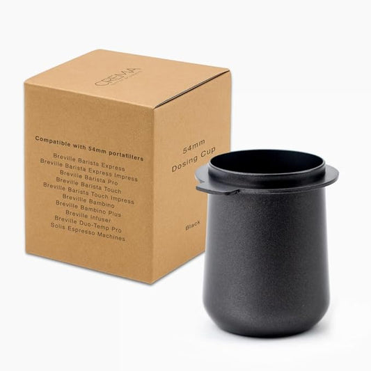 Crema Coffee Products 54mm Dosing Cup | Compatible with Breville Portafilters etc | Durable 100% Stainless Steel | Built-In Grinder Tab for Easy Transfer | Sleek, Mess-Free Design | Black Finish