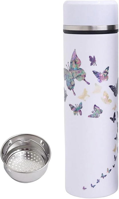 Mother of Pearl Design Stainless Steel Water Bottle with Tea Infuser Strainer 17 oz Leakproof Screw Cap Wide Mouth Double Wall Vacuum Insulated Travel Sport Water Flask Thermo Mug (Butterfly White)