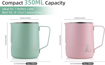 Milk Frothing Pitcher -350ml/12oz Milk Frother Cup Espresso Steaming Pitcher for Barista, Bincoo SUS304 Stainless Steel Espresso Steaming Pitchers for Latte Art/Cappuccino/Coffee (Green-350ml)