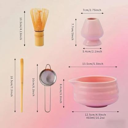 Cute Pink Matcha Whisk Set of 5 for Matcha Tea,Matcha Powder Kit（Bowl with Spout+bamboo Whisk and Holder+Strainer+Scoop）for Macha Starter Making Tools with Small Sifter Sieve Mixer Wisk Chasen Chawan