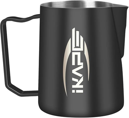 IKAPE Espresso Milk Pitcher, Espresso Steaming Pitcher with Sharp Spout for Espresso Barista Tool, 20.3 oz / 600ml Milk Frothing Jug (Black)